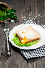breakfast or lunch , poached egg and white toast , lettuce , herbs, salt and spices on a wooden background