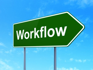 Business concept: Workflow on road sign background