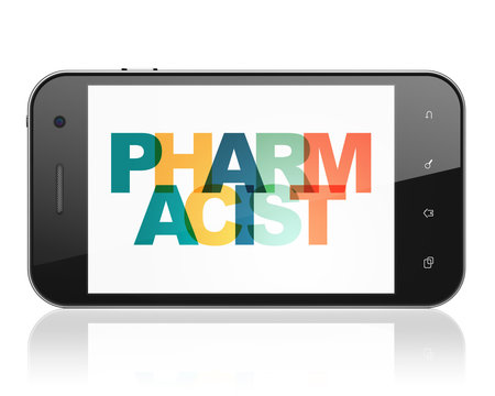 Healthcare concept: Smartphone with Pharmacist on  display