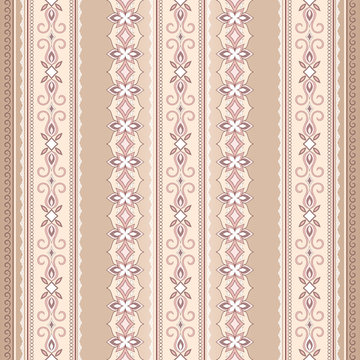 Filigree pink seamless border on beige background.