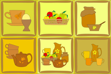 set of painted flat kitchen items