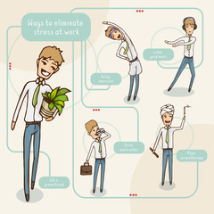Ways to eliminate stress at work. Vector illustration infographics. Funny office characters.