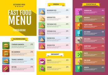 Fast food menu. Set of food and drinks icons. Flat style design.