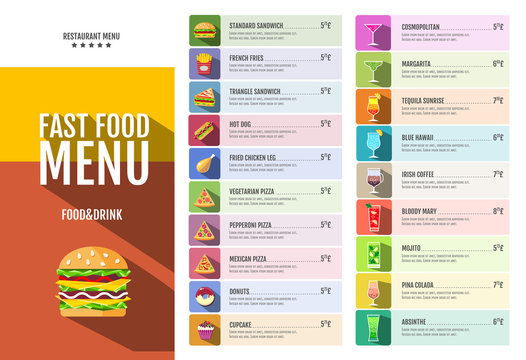 Fast food menu. Set of food and drinks icons. Flat style design.