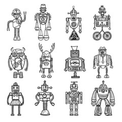 Robots Doodle stile Black Icons Set 