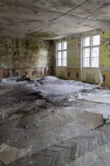 damaged, dirty room of old abandoned building, building interior