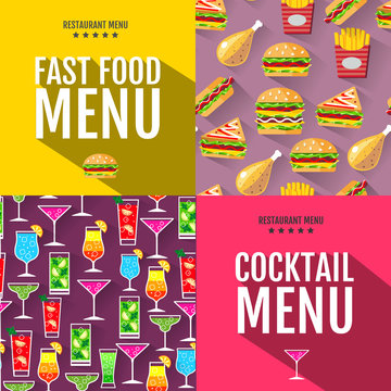 Flat fast food menu typography design. Seamless pattern backgrou