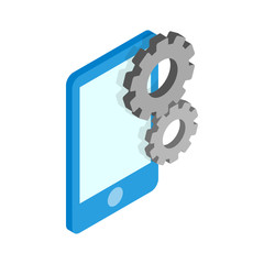 Smartphone with gears icon, isometric 3d style
