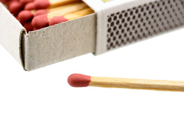 Matchbox, a small paperboard box enclosing a quantity of matches in the interior tray and having a coarse striking surface on the exterior. With a matchstick outside box isolated on white background.
