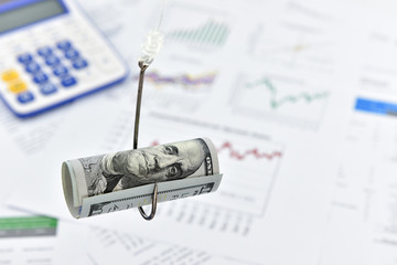 Rolled up scroll of US 100 dollar bill on a fishing hook. A concept of deceiving someone in several...