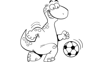 Black and white illustration of a dinosaur playing soccer.