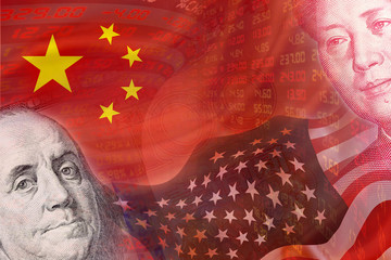 Flags of USA and China and faces of Benjamin Franklin and Mao Zedong with displays of daily stock...