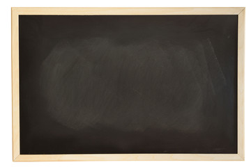 Close up view of a black dirty chalkboard with softwood frame. Chalk on the blackboard has been rubbed out.