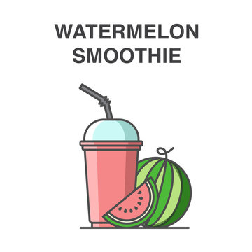 Watermelon smoothie in a cup with straw vector illustration. Healthy fruit smoothie collection.