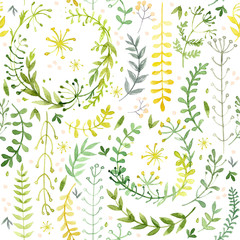 Pattern of flowers painted in watercolor on white paper. Sketch of flowers and herbs. Wreath, garland of flowers.