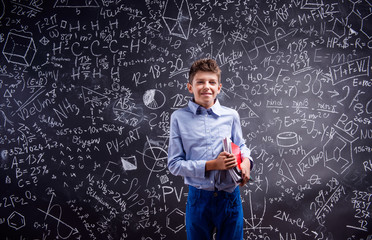Boy with notebooks against big blackboard with mathematical symb