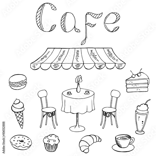 "Cafe food graphic art black white isolated illustration vector" Stock