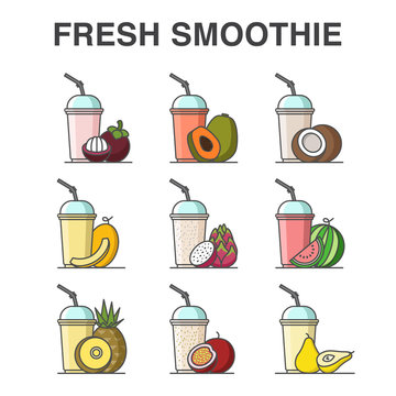 Fruit smoothie in cups with straws vector illustration. Healthy fruit smoothie collection.
