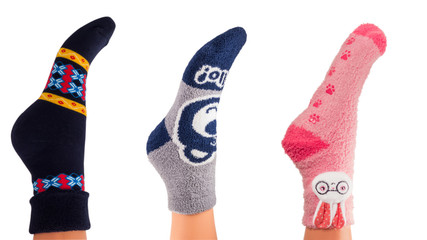 Colorful socks / Three colorful funny socks on white background    