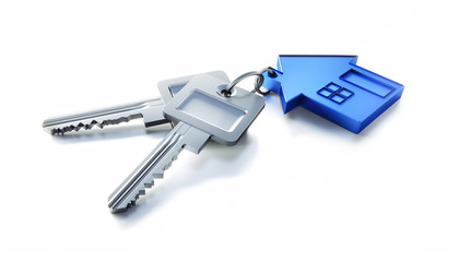 Schlüssel mit blauem Haus auf Weiß 2 - obrazy, fototapety, plakaty