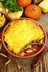 Casserole with pasta, minced meat and pumpkin