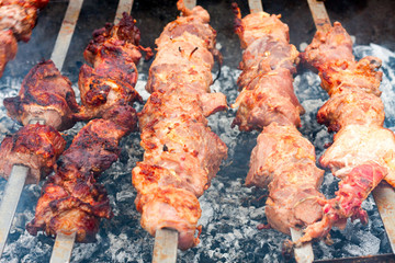 shish kebab on skewers on the grill