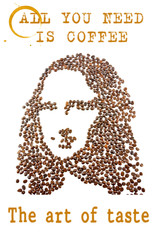 A face of a young woman arranged from coffee beans with quotes and coffee stains, isolated on white...