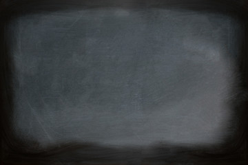 Close up view of a black dirty chalkboard without a wooden frame. Chalk on the blackboard has been rubbed out. Primitive teaching style. Background texture and empty space for further creative design.