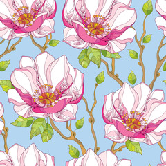 Naklejka premium Seamless pattern with ornate magnolia flower in pink and green leaves on the blue background. Floral background in contour style.