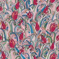 Vector seamless texture with abstract herb elements. Endless background. Doodle grass pattern. Vector backdrop. Green pattern. Summer template. Use for wallpaper,pattern fills, web page background