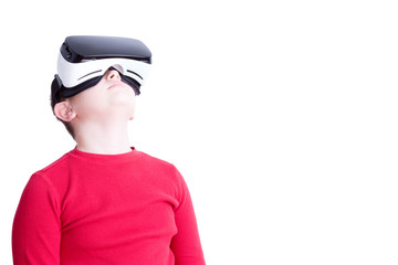 Child with virtual reality headset looking up