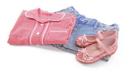 Stylish casual clothes for girls, isolated on white