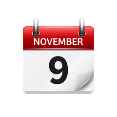 November 9 . Vector flat daily calendar icon. Date and time, day, month. Holiday.