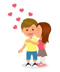  First love. Boy and girl hugging and kissing. Concept design of romantic relationship between a man and a woman. Valentines Day