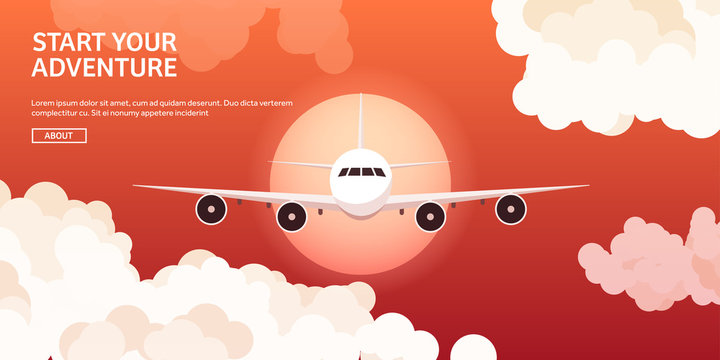 Vector Illustration. Travel And Tourism. Airplane, Aviation. Summer Holidays, Vacation. Plane Landing. Flight, Air Travelling.  Sky, Aerial Background. Journey. 