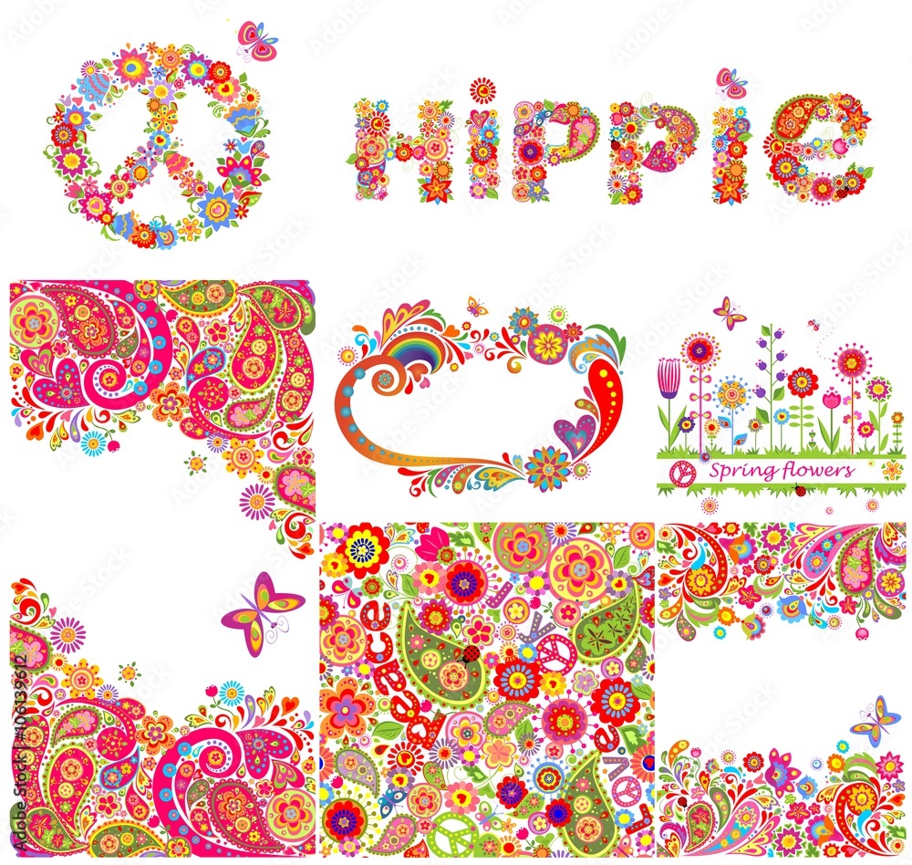 Wall mural Set of hippie backgrounds and design elements