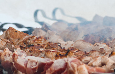 Preparation of shashlik (meat on the coals) in brazier.