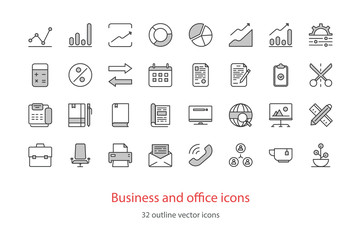 Set of vector outline business and office icons. Black color.