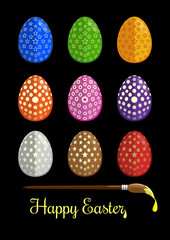 Easter eggs and brush for coloring eggs. Eggs isolated on black background. Easter eggs vector icons flat style. Painted Easter eggs. Easter holidays design. Easter eggs icons flat modern style