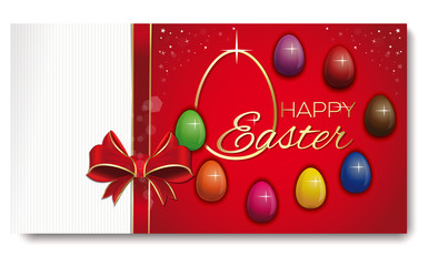 Easterg greeting card. Eight colored eggs on a festive red background. Happy easter. Festive Easter background with ribbon and bow. Vector illustration