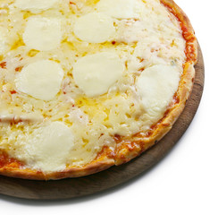 Pizza full of cheese on wooden board isolated on white background, close up