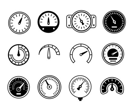 Meter icons. Symbols of speedometers, manometers, tachometers etc. vector illustration