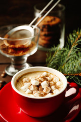 Mug of hot chocolate with marshmallows, fir tree branch on wooden background