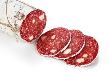 Dried salami with white mold isolated on white background.