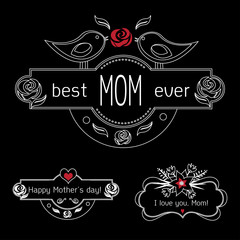 Vintage Mothers Day Labels Set On Chalkboard. best Mom ever, happy Mothers day and I love you, Mom gift card. Vector Mothers day