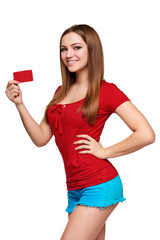 Smiling girl showing red card in hand