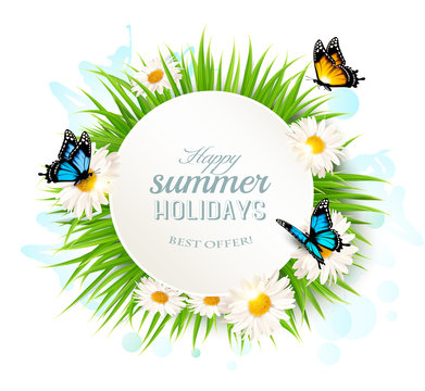 Happy summer holidays banner with grass and butterflies. Vector.