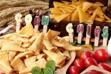 Corn snack and chips corn raw delicious.