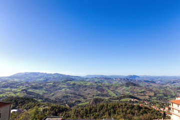 Fototapeta na wymiar San Marino and the Apennine Mountains. Monte Titano is the highe