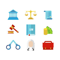 Tribunal law icon set. Tribunal vector illustration. Judge flat icon. Law icons.  Law books,  court,  law icon,  scales of justice,  gavel isolated on white background. 